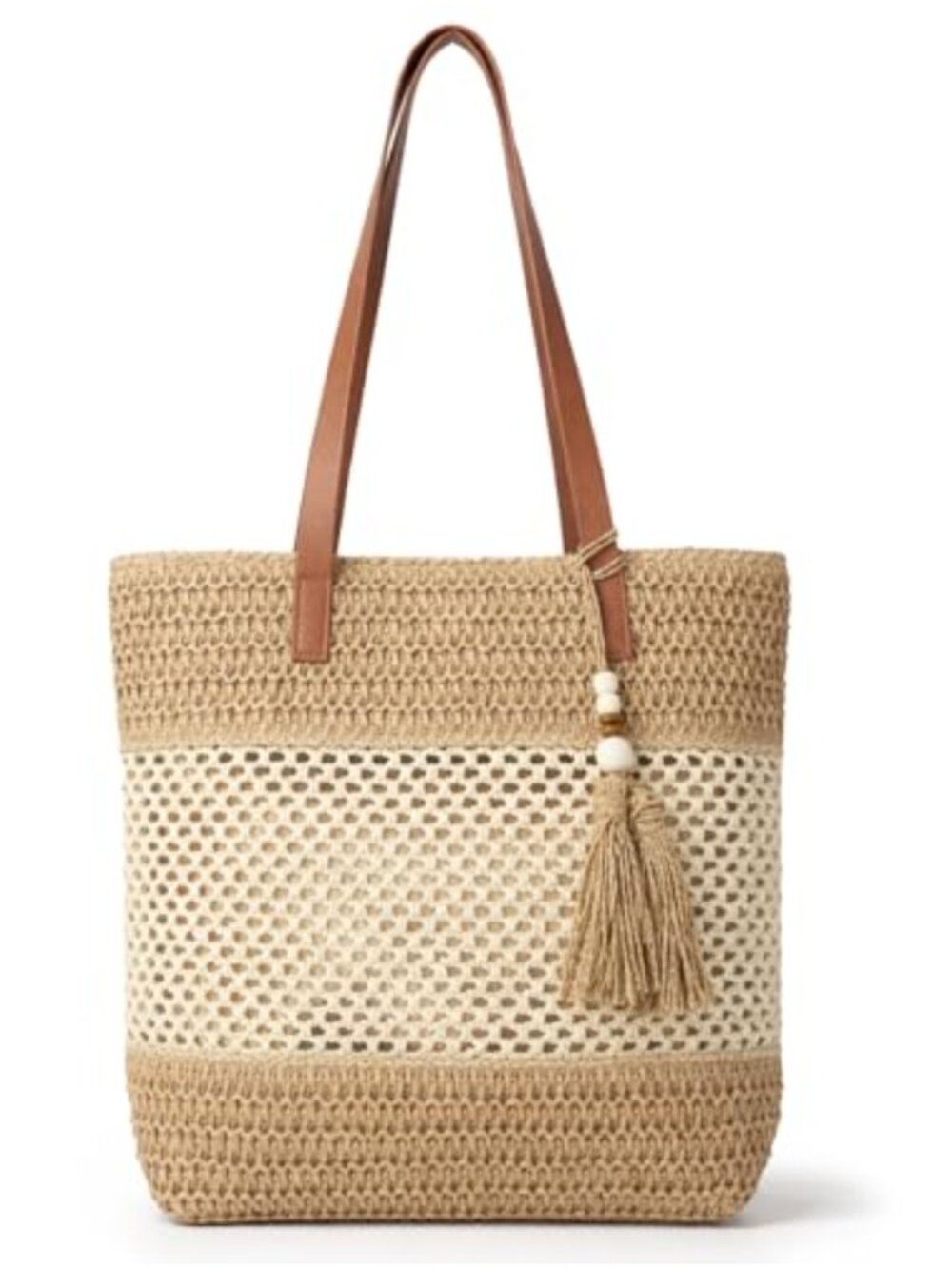 Woven Straw Boho Beach Bag Tote Zipper Leak-Proof Lining Travel